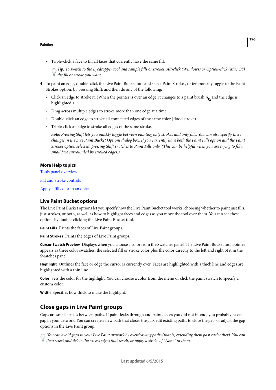 Live paint bucket options, Close gaps in live paint groups | Adobe Illustrator CC 2015 User Manual | Page 201 / 556