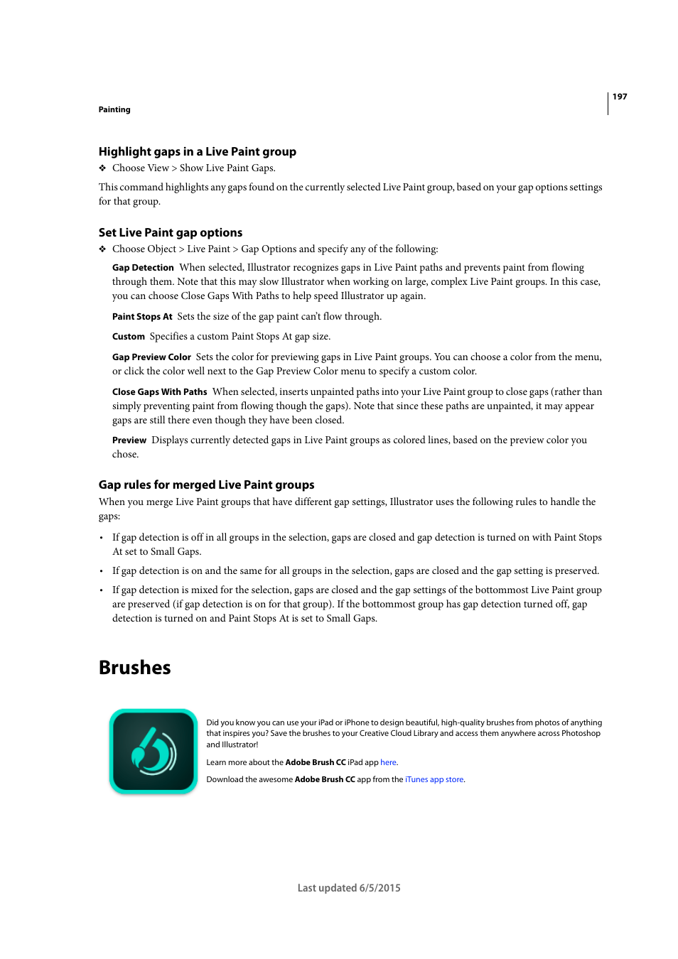 Highlight gaps in a live paint group, Set live paint gap options, Gap rules for merged live paint groups | Brushes | Adobe Illustrator CC 2015 User Manual | Page 202 / 556