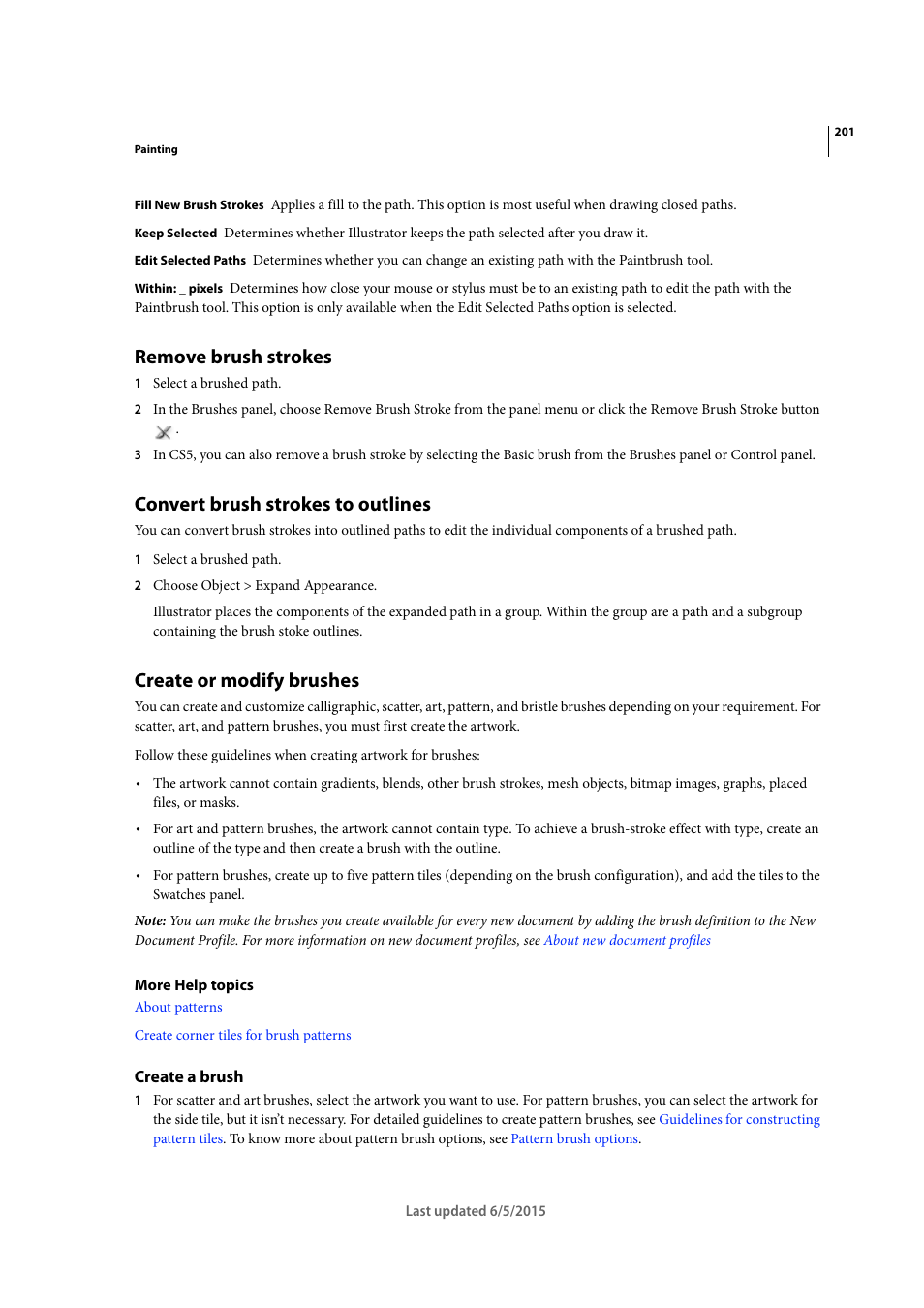 Remove brush strokes, Convert brush strokes to outlines, Create or modify brushes | Create a brush | Adobe Illustrator CC 2015 User Manual | Page 206 / 556