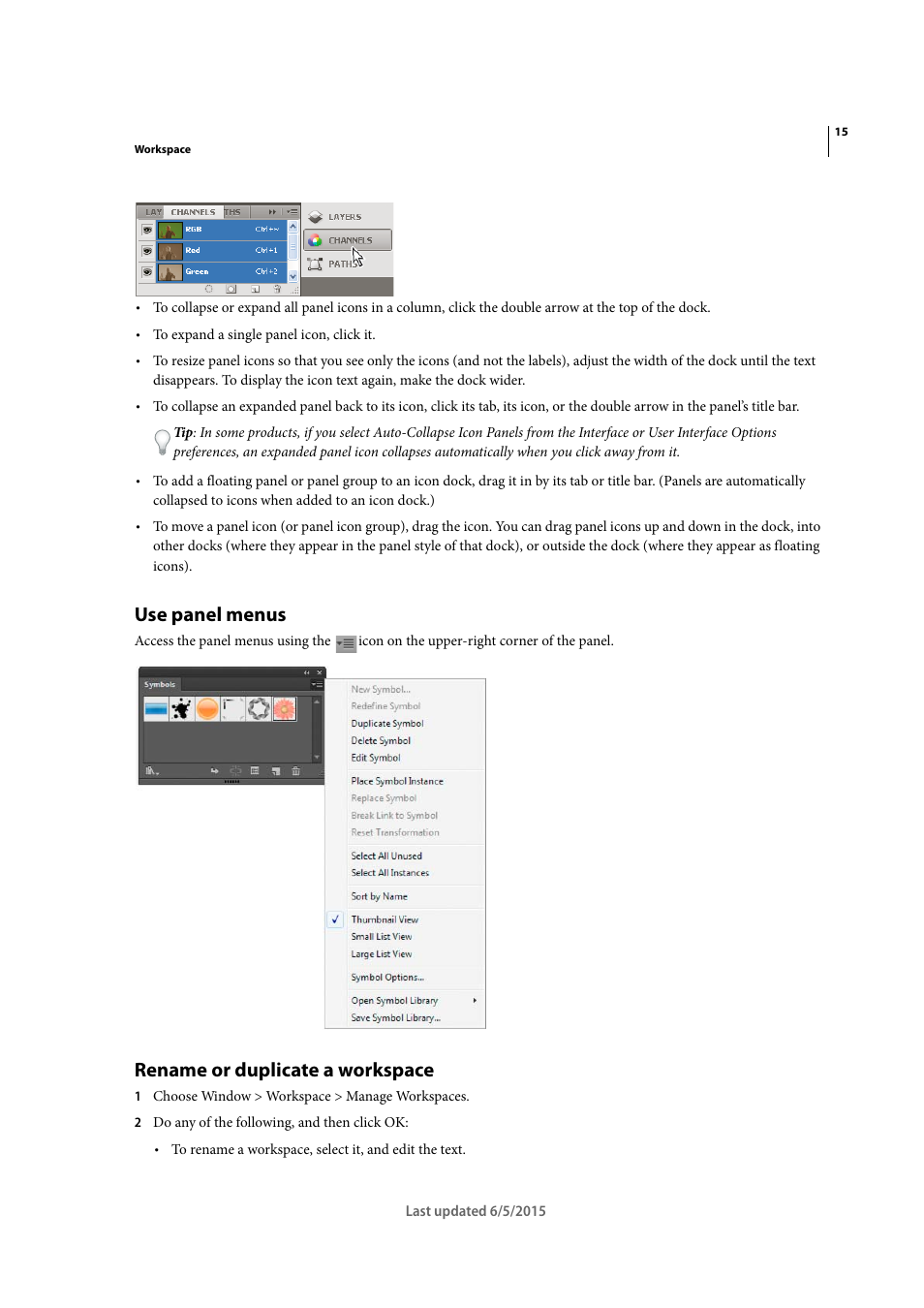 Use panel menus, Rename or duplicate a workspace | Adobe Illustrator CC 2015 User Manual | Page 21 / 556