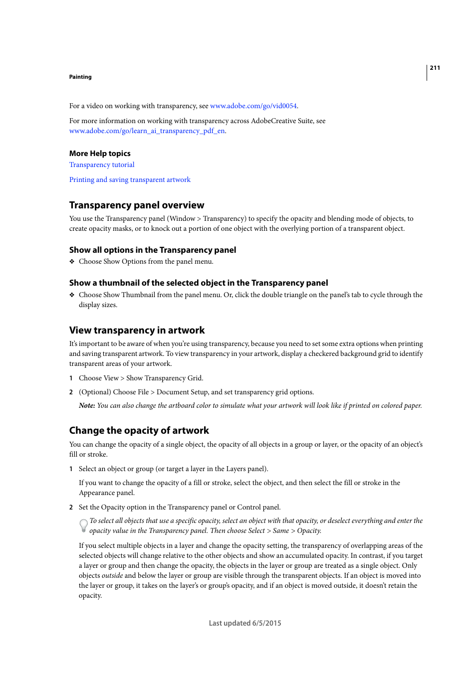 Transparency panel overview, Show all options in the transparency panel, View transparency in artwork | Change the opacity of artwork | Adobe Illustrator CC 2015 User Manual | Page 216 / 556