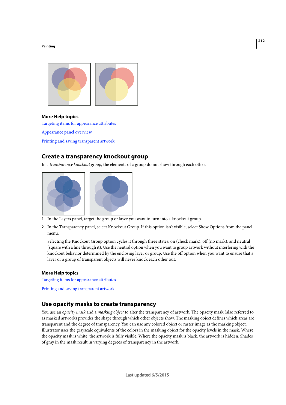 Create a transparency knockout group, Use opacity masks to create transparency | Adobe Illustrator CC 2015 User Manual | Page 217 / 556