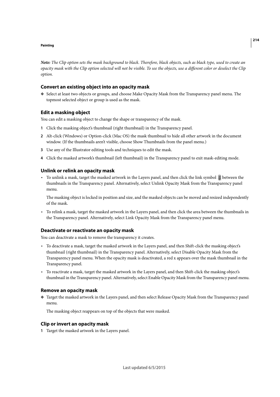 Convert an existing object into an opacity mask, Edit a masking object, Unlink or relink an opacity mask | Deactivate or reactivate an opacity mask, Remove an opacity mask, Clip or invert an opacity mask | Adobe Illustrator CC 2015 User Manual | Page 219 / 556