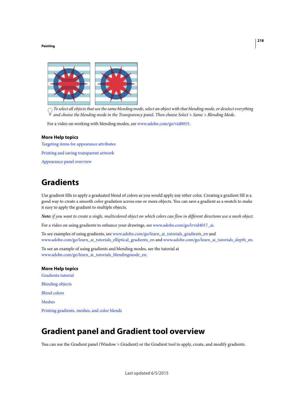 Gradients, Gradient panel and gradient tool overview | Adobe Illustrator CC 2015 User Manual | Page 223 / 556