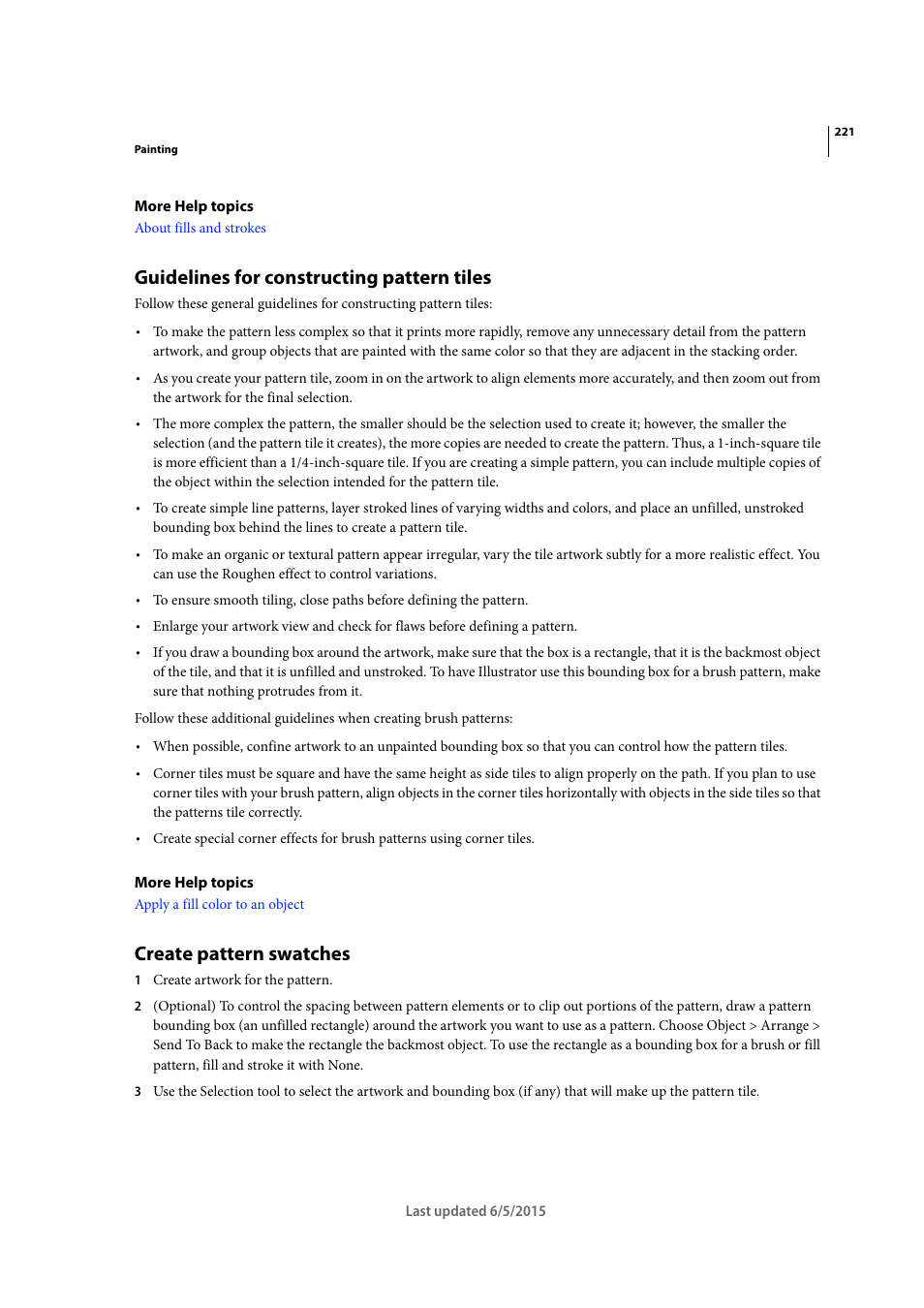 Guidelines for constructing pattern tiles, Create pattern swatches, Guidelines for constructing | Pattern tiles | Adobe Illustrator CC 2015 User Manual | Page 226 / 556