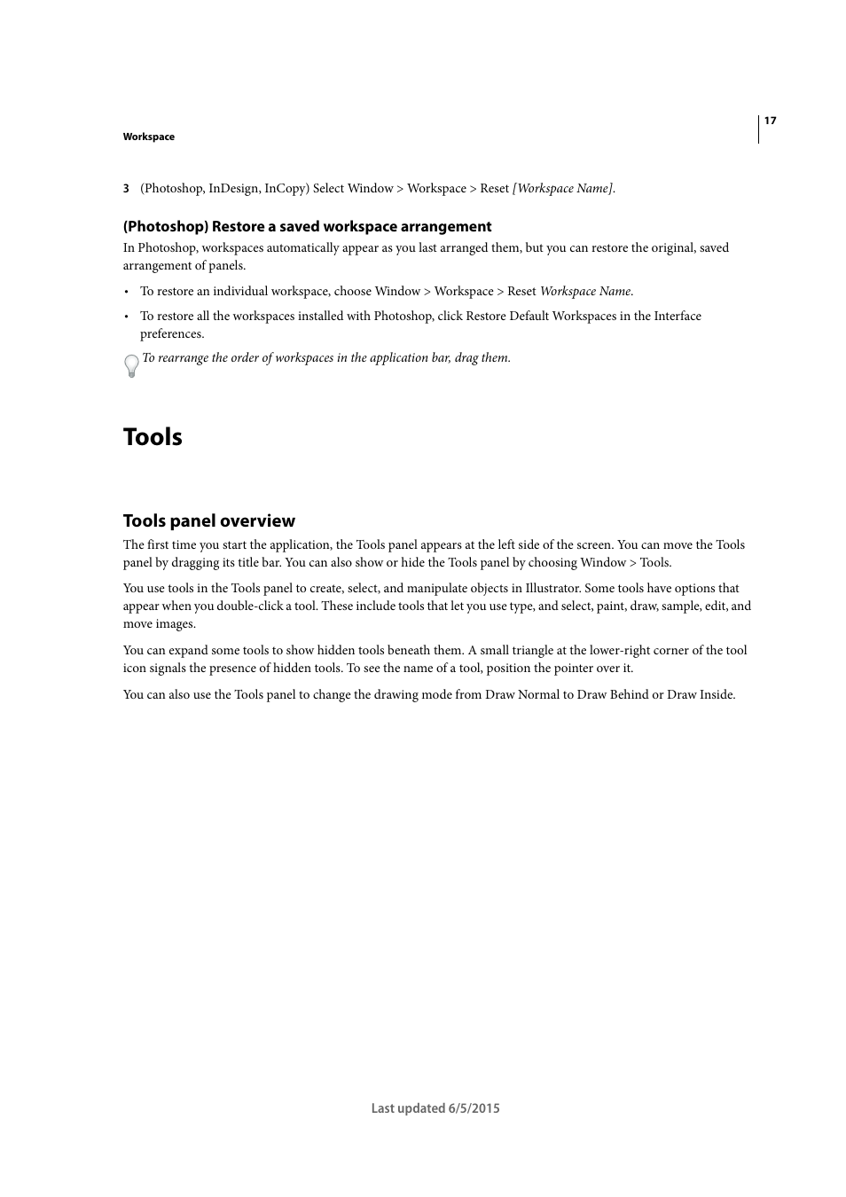 Photoshop) restore a saved workspace arrangement, Tools, Tools panel overview | Adobe Illustrator CC 2015 User Manual | Page 23 / 556