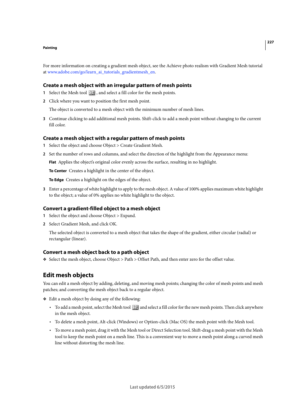 Convert a gradient-filled object to a mesh object, Convert a mesh object back to a path object, Edit mesh objects | Adobe Illustrator CC 2015 User Manual | Page 232 / 556