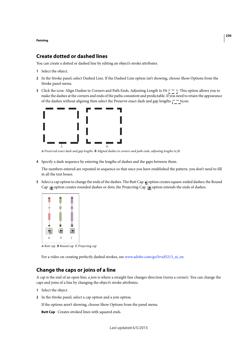 Create dotted or dashed lines, Change the caps or joins of a line | Adobe Illustrator CC 2015 User Manual | Page 235 / 556