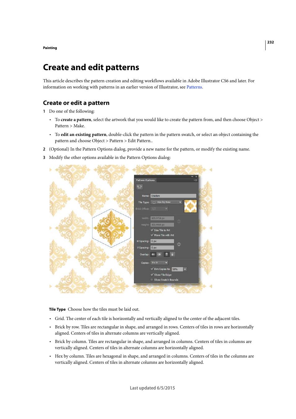 Create and edit patterns, Create or edit a pattern | Adobe Illustrator CC 2015 User Manual | Page 237 / 556