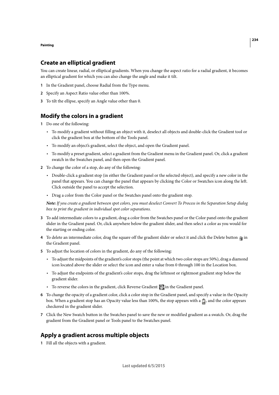 Create an elliptical gradient, Modify the colors in a gradient, Apply a gradient across multiple objects | Adobe Illustrator CC 2015 User Manual | Page 239 / 556