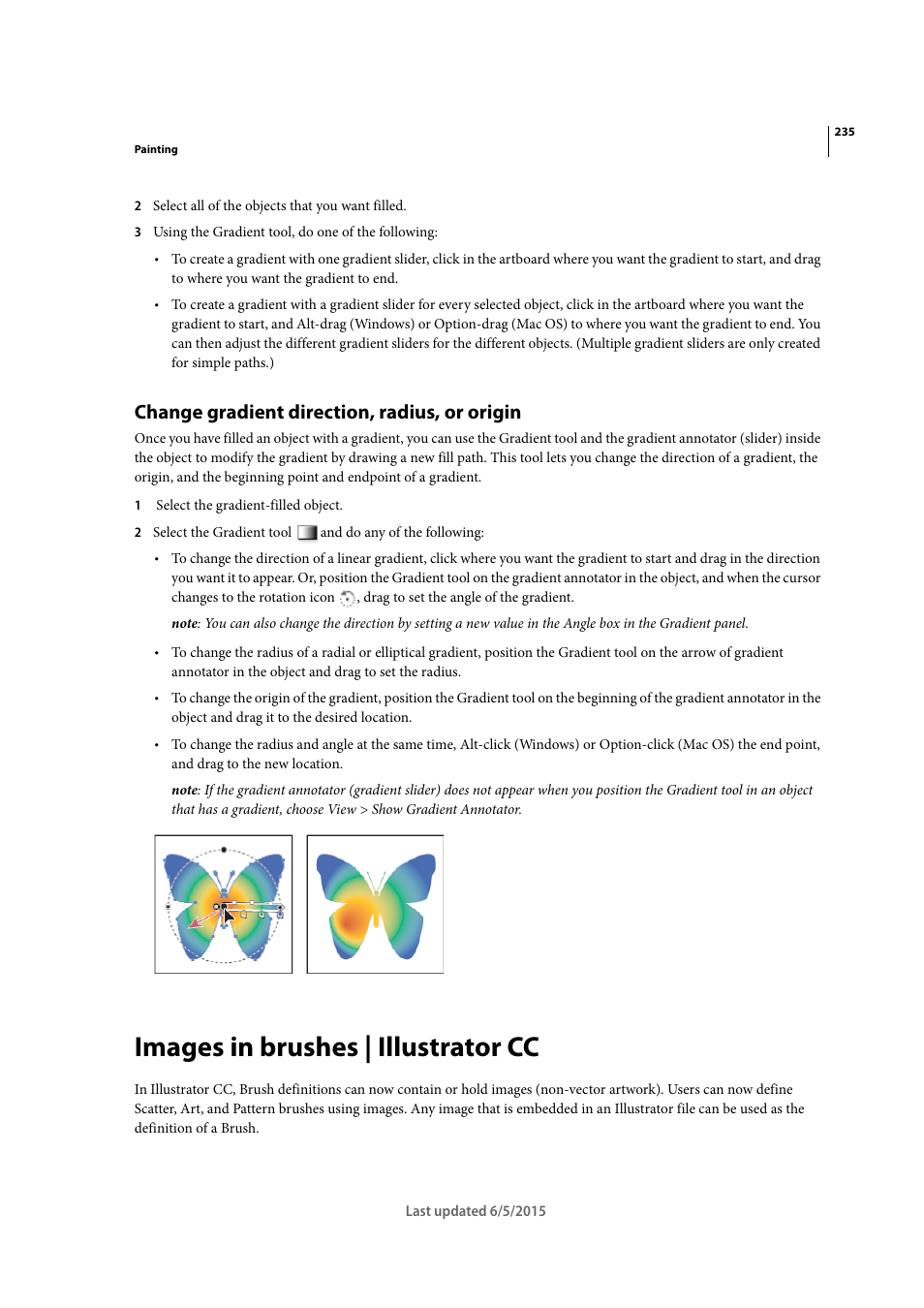 Change gradient direction, radius, or origin, Images in brushes | illustrator cc | Adobe Illustrator CC 2015 User Manual | Page 240 / 556