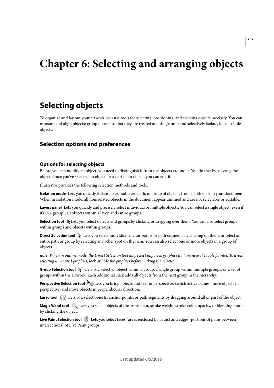 Chapter 6: selecting and arranging objects, Selecting objects, Selection options and preferences | Options for selecting objects | Adobe Illustrator CC 2015 User Manual | Page 242 / 556