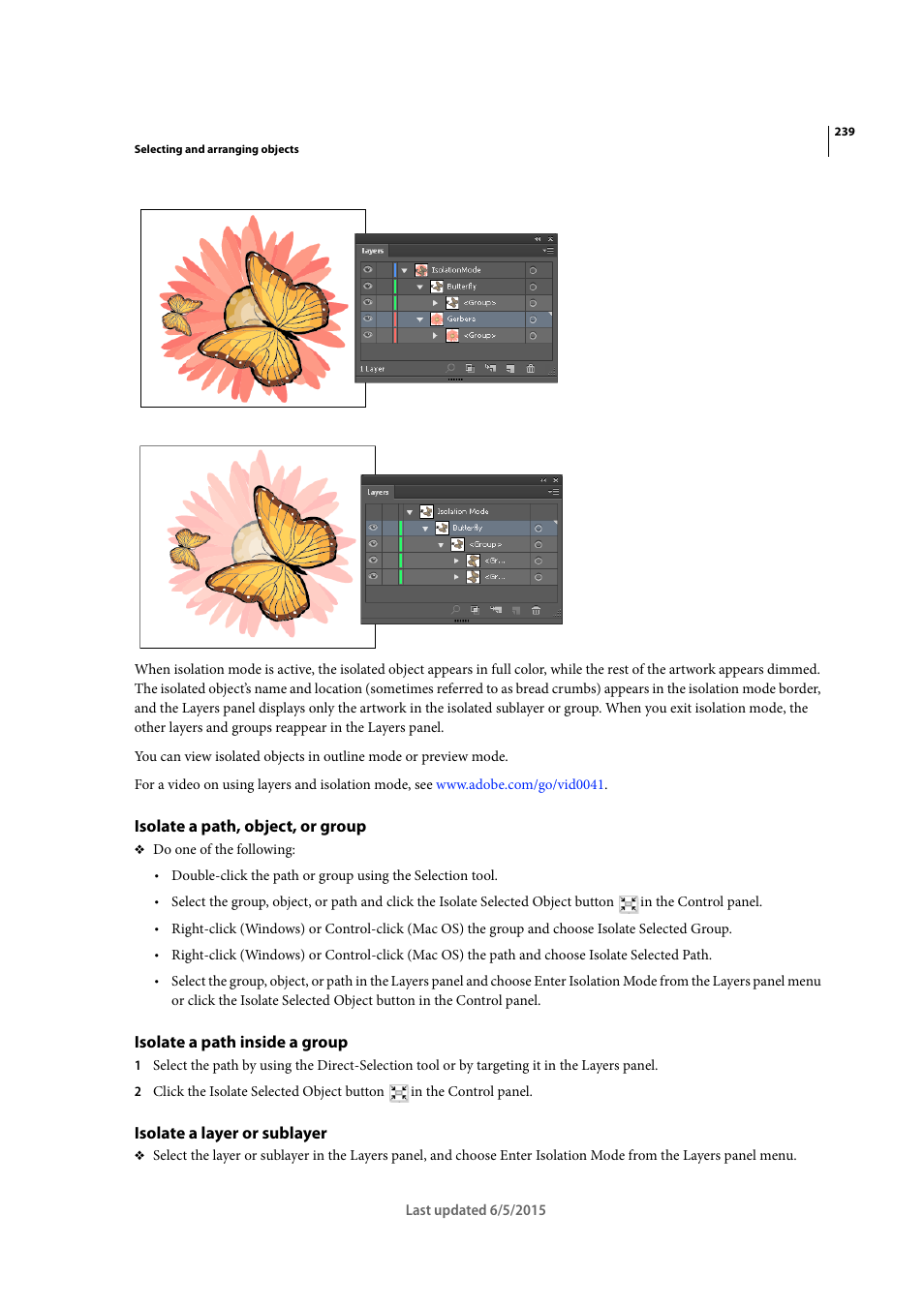 Isolate a path, object, or group, Isolate a path inside a group, Isolate a layer or sublayer | Adobe Illustrator CC 2015 User Manual | Page 244 / 556