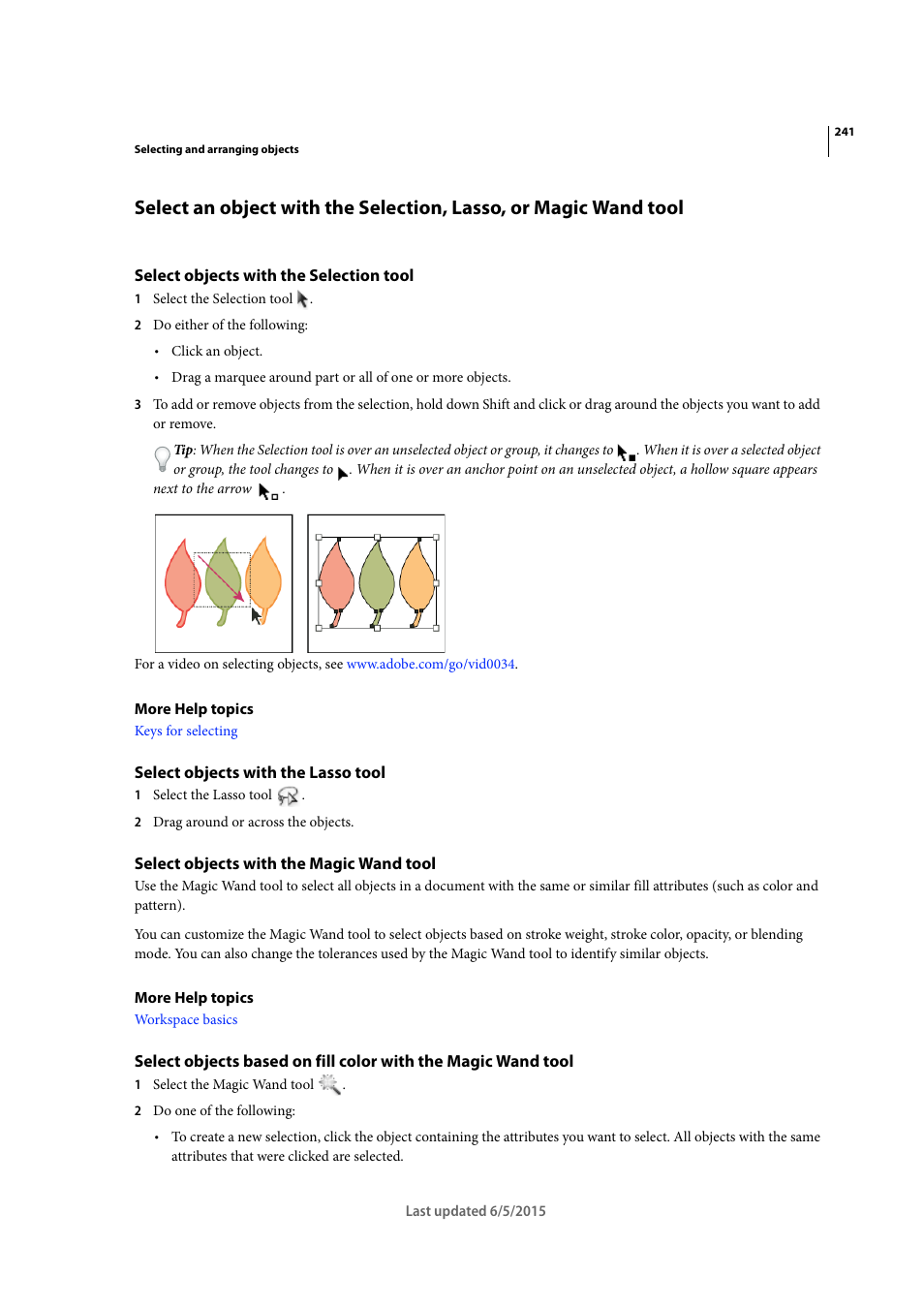 Select objects with the selection tool, Select objects with the lasso tool, Select objects with the magic wand tool | Select objects with the, Selection tool | Adobe Illustrator CC 2015 User Manual | Page 246 / 556