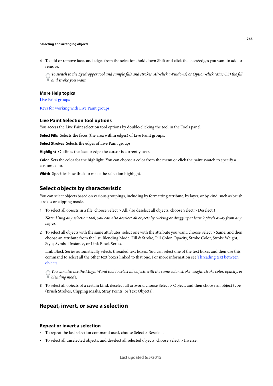 Live paint selection tool options, Select objects by characteristic, Repeat, invert, or save a selection | Repeat or invert a selection | Adobe Illustrator CC 2015 User Manual | Page 250 / 556