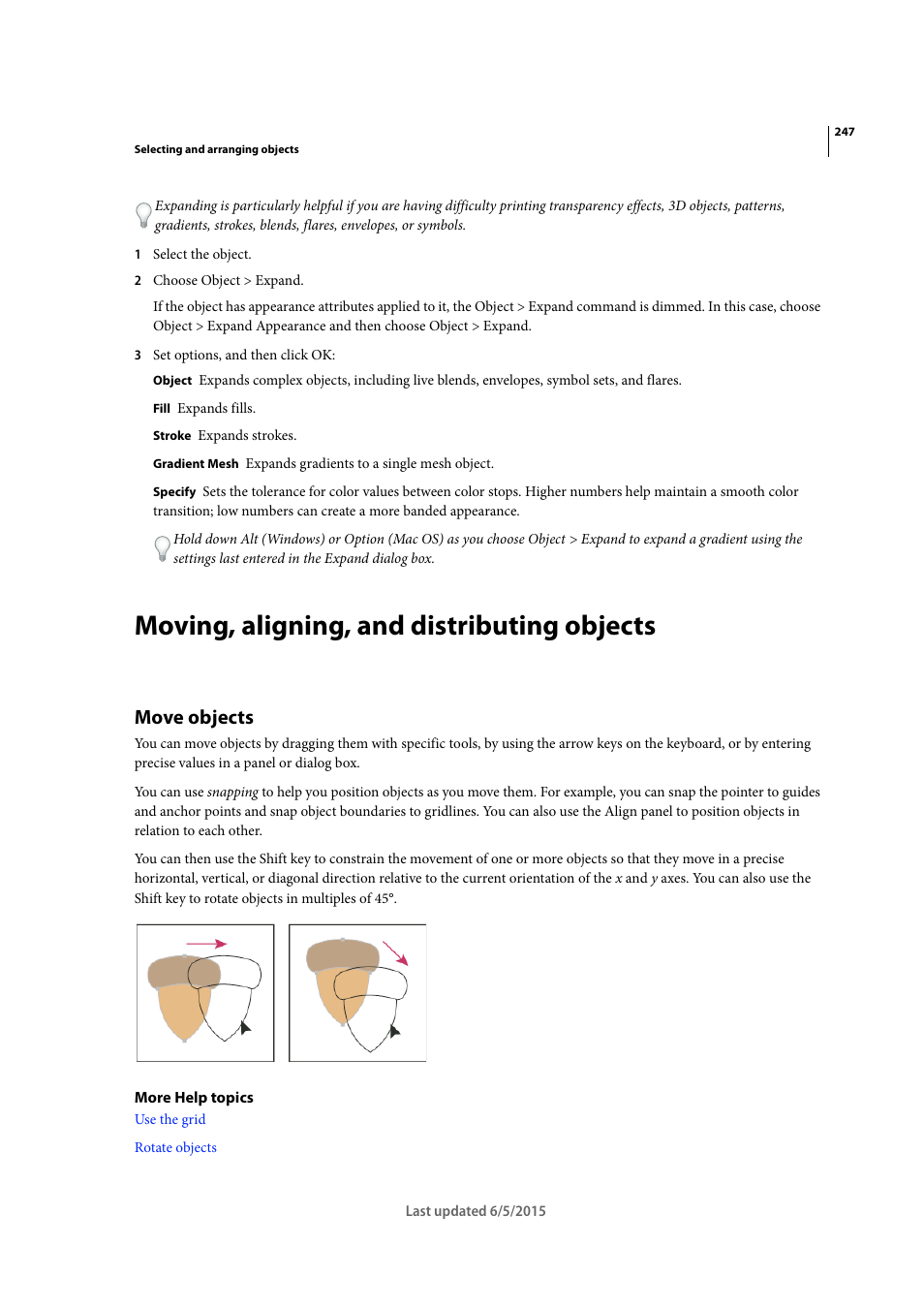 Moving, aligning, and distributing objects, Move objects | Adobe Illustrator CC 2015 User Manual | Page 252 / 556