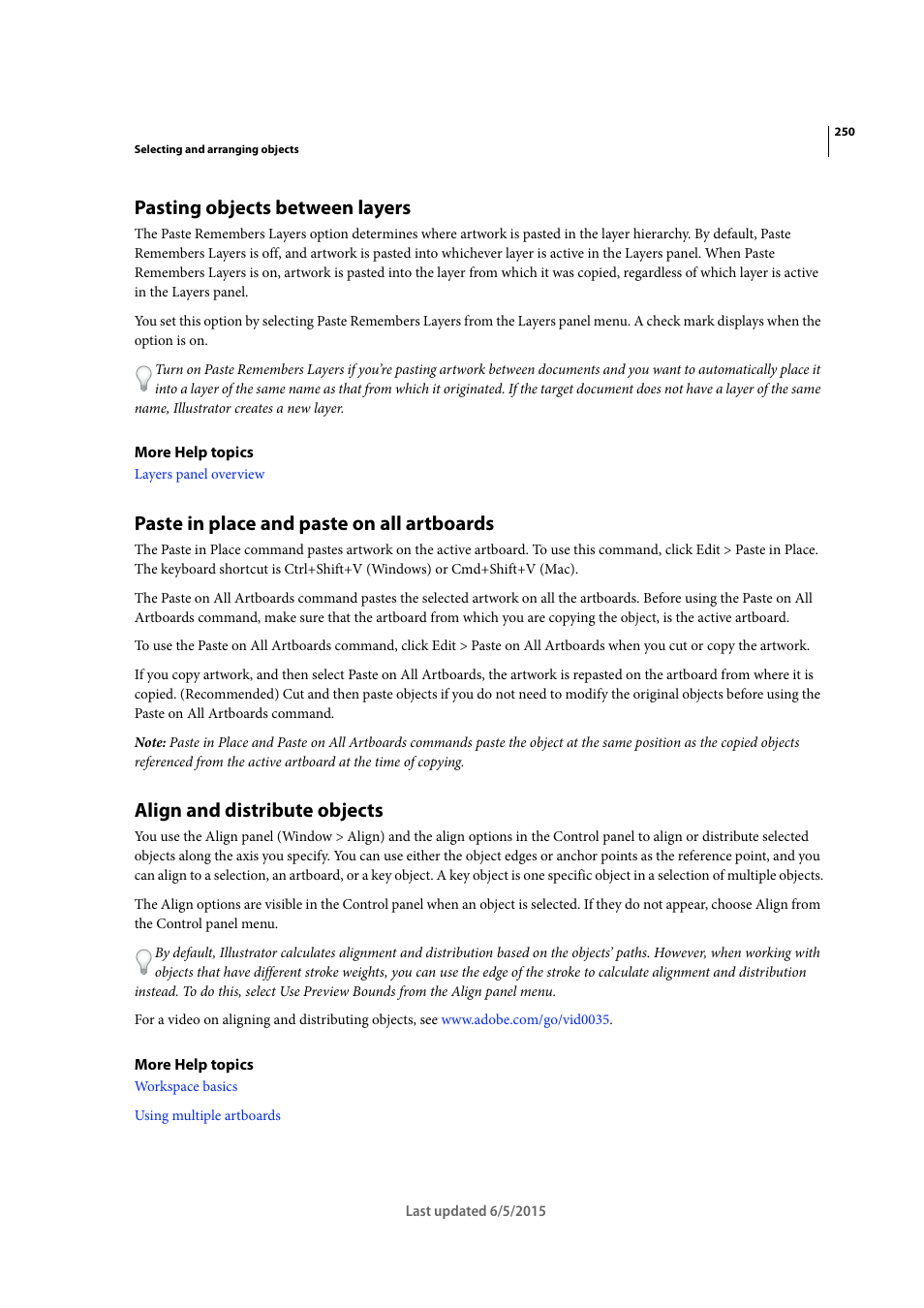 Pasting objects between layers, Paste in place and paste on all artboards, Align and distribute objects | Adobe Illustrator CC 2015 User Manual | Page 255 / 556
