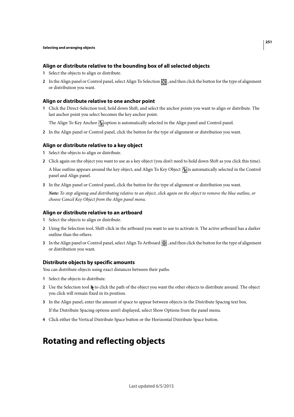 Align or distribute relative to one anchor point, Align or distribute relative to a key object, Align or distribute relative to an artboard | Distribute objects by specific amounts, Rotating and reflecting objects | Adobe Illustrator CC 2015 User Manual | Page 256 / 556