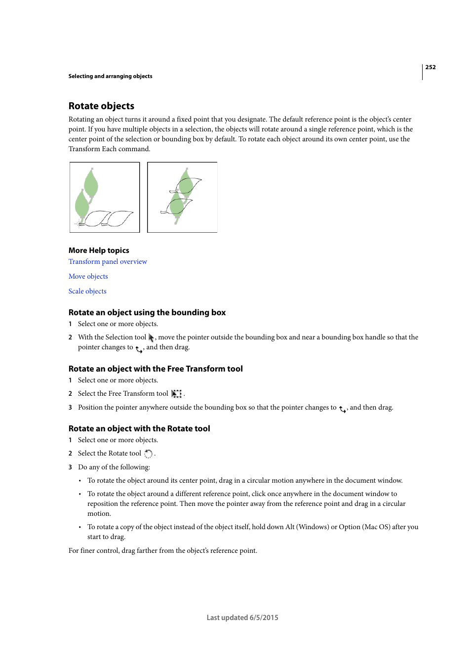 Rotate objects, Rotate an object using the bounding box, Rotate an object with the free transform tool | Rotate an object with the rotate tool, Rotate, Objects | Adobe Illustrator CC 2015 User Manual | Page 257 / 556