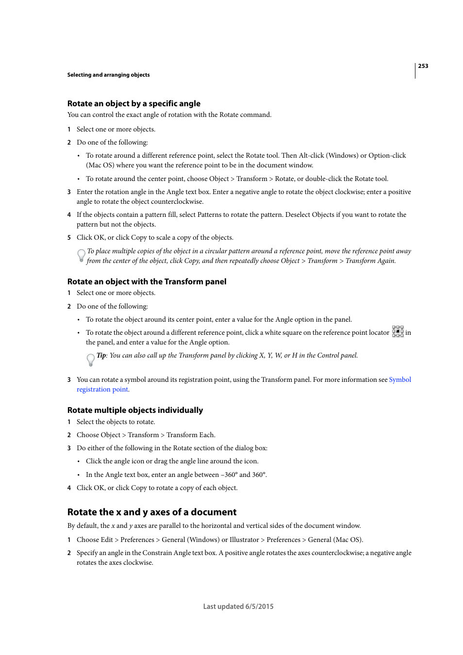 Rotate an object by a specific angle, Rotate an object with the transform panel, Rotate multiple objects individually | Rotate the x and y axes of a document | Adobe Illustrator CC 2015 User Manual | Page 258 / 556