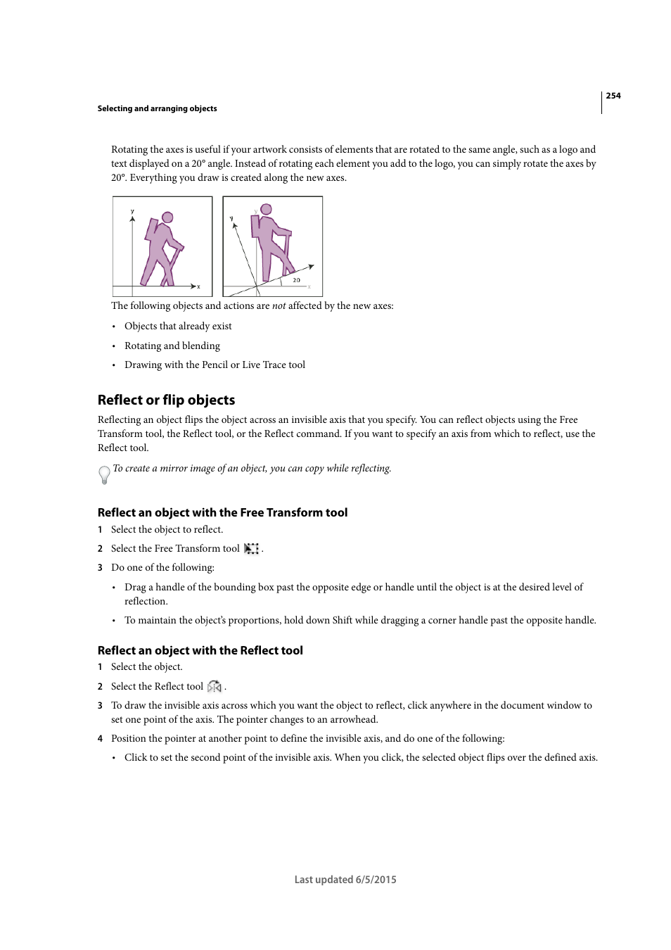 Reflect or flip objects, Reflect an object with the free transform tool, Reflect an object with the reflect tool | Reflect or flip, Objects | Adobe Illustrator CC 2015 User Manual | Page 259 / 556