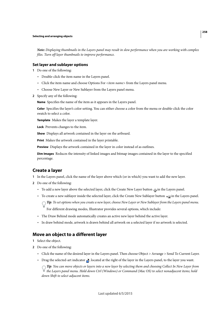 Set layer and sublayer options, Create a layer, Move an object to a different layer | Adobe Illustrator CC 2015 User Manual | Page 263 / 556