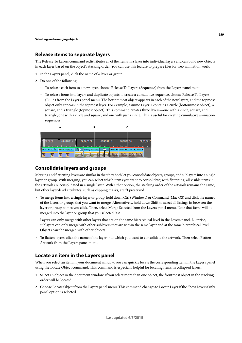 Release items to separate layers, Consolidate layers and groups, Locate an item in the layers panel | Adobe Illustrator CC 2015 User Manual | Page 264 / 556