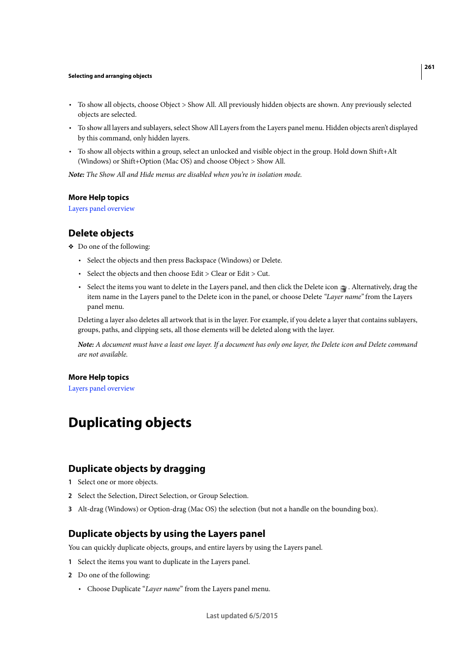 Delete objects, Duplicating objects, Duplicate objects by dragging | Duplicate objects by using the layers panel | Adobe Illustrator CC 2015 User Manual | Page 266 / 556