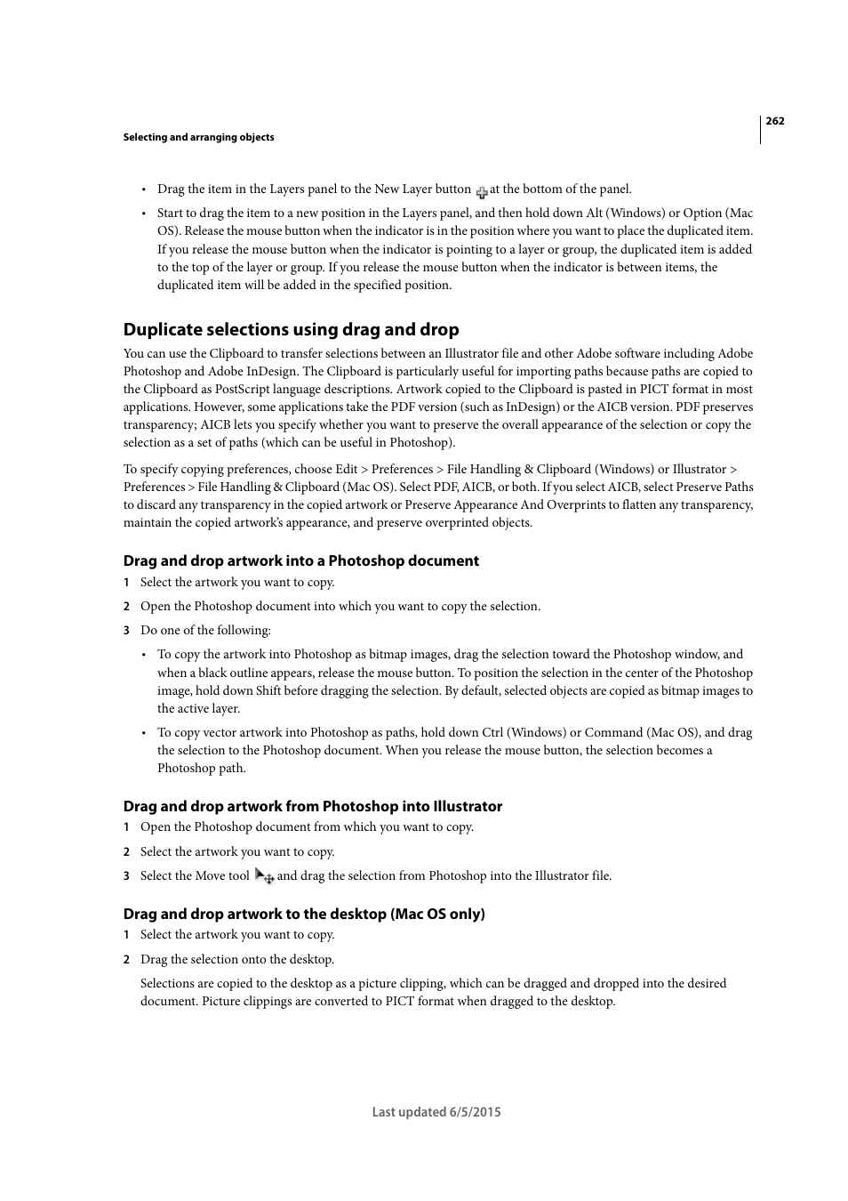 Duplicate selections using drag and drop, Drag and drop artwork into a photoshop document, Drag and drop artwork to the desktop (mac os only) | Adobe Illustrator CC 2015 User Manual | Page 267 / 556