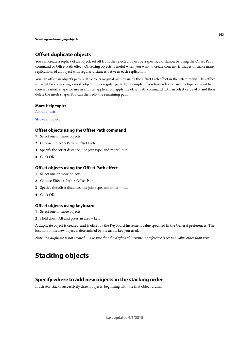 Offset duplicate objects, Offset objects using the offset path command, Offset objects using the offset path effect | Offset objects using keyboard, Stacking objects | Adobe Illustrator CC 2015 User Manual | Page 268 / 556