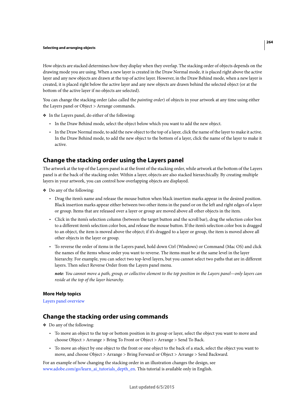 Change the stacking order using the layers panel, Change the stacking order using commands | Adobe Illustrator CC 2015 User Manual | Page 269 / 556