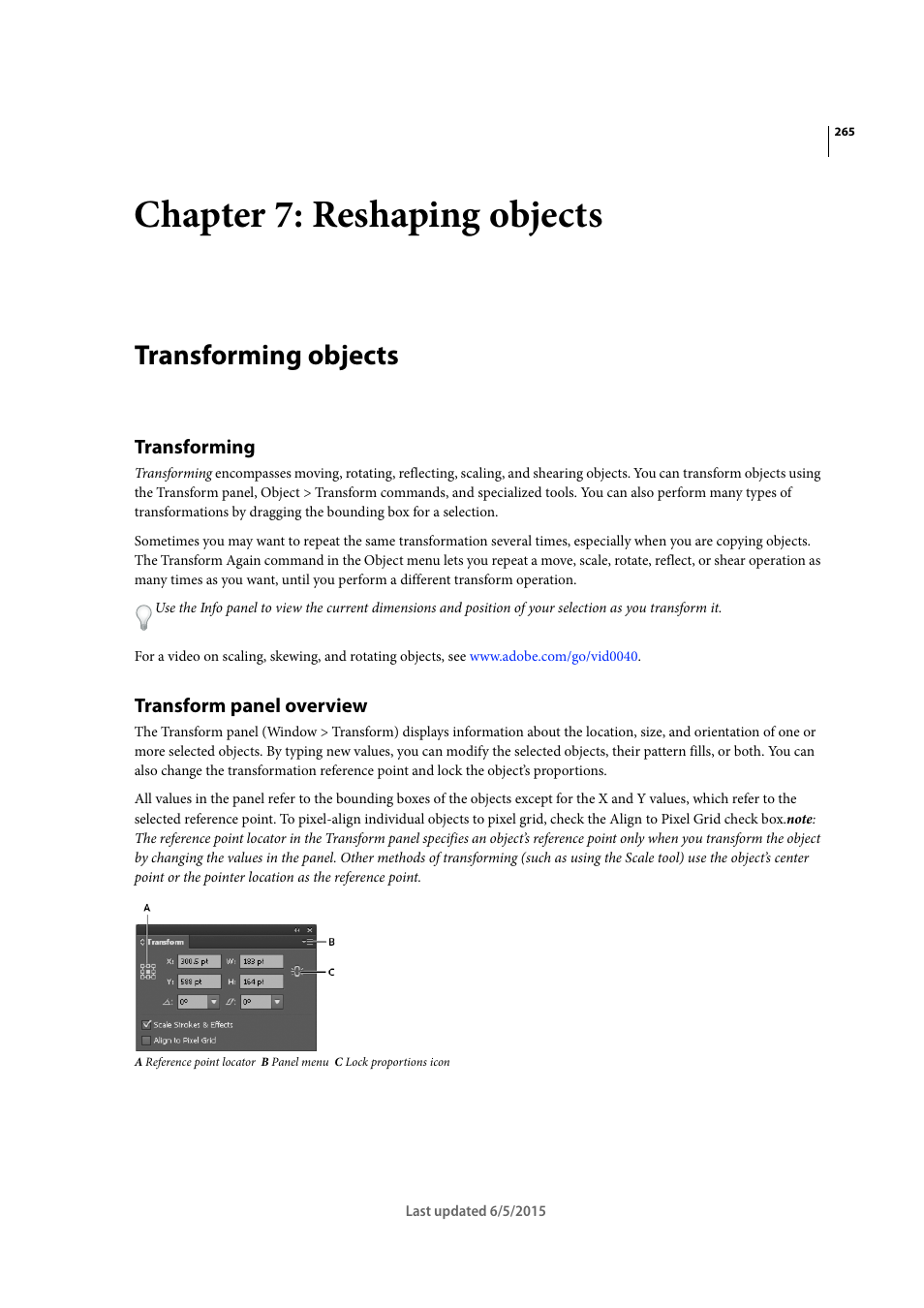 Chapter 7: reshaping objects, Transforming objects, Transforming | Transform panel overview | Adobe Illustrator CC 2015 User Manual | Page 270 / 556