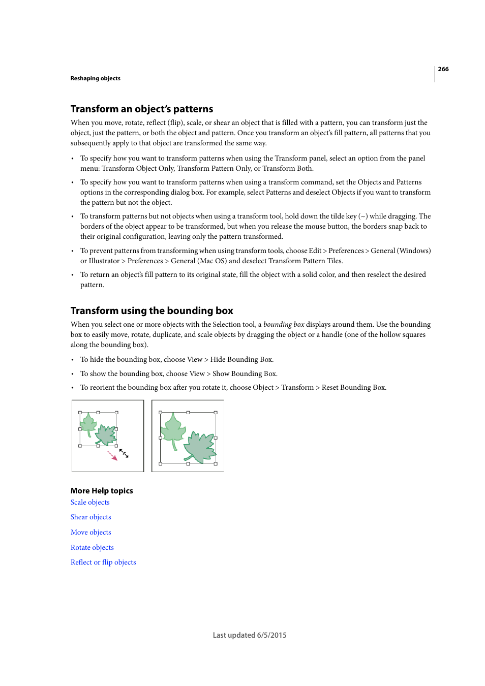 Transform an object’s patterns, Transform using the bounding box | Adobe Illustrator CC 2015 User Manual | Page 271 / 556