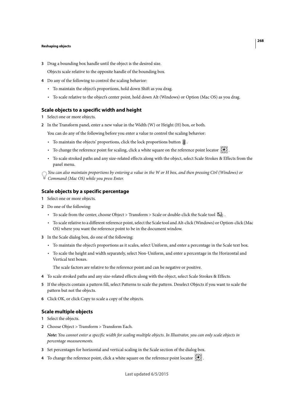 Scale objects to a specific width and height, Scale objects by a specific percentage, Scale multiple objects | Adobe Illustrator CC 2015 User Manual | Page 273 / 556