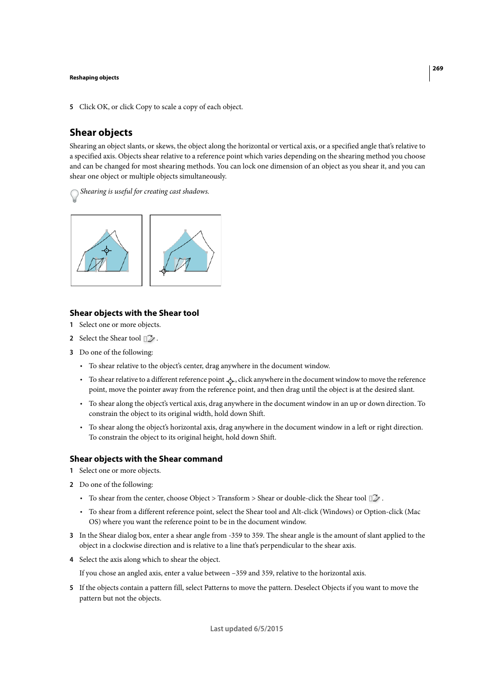 Shear objects, Shear objects with the shear tool, Shear objects with the shear command | Shear, Objects with the shear tool | Adobe Illustrator CC 2015 User Manual | Page 274 / 556