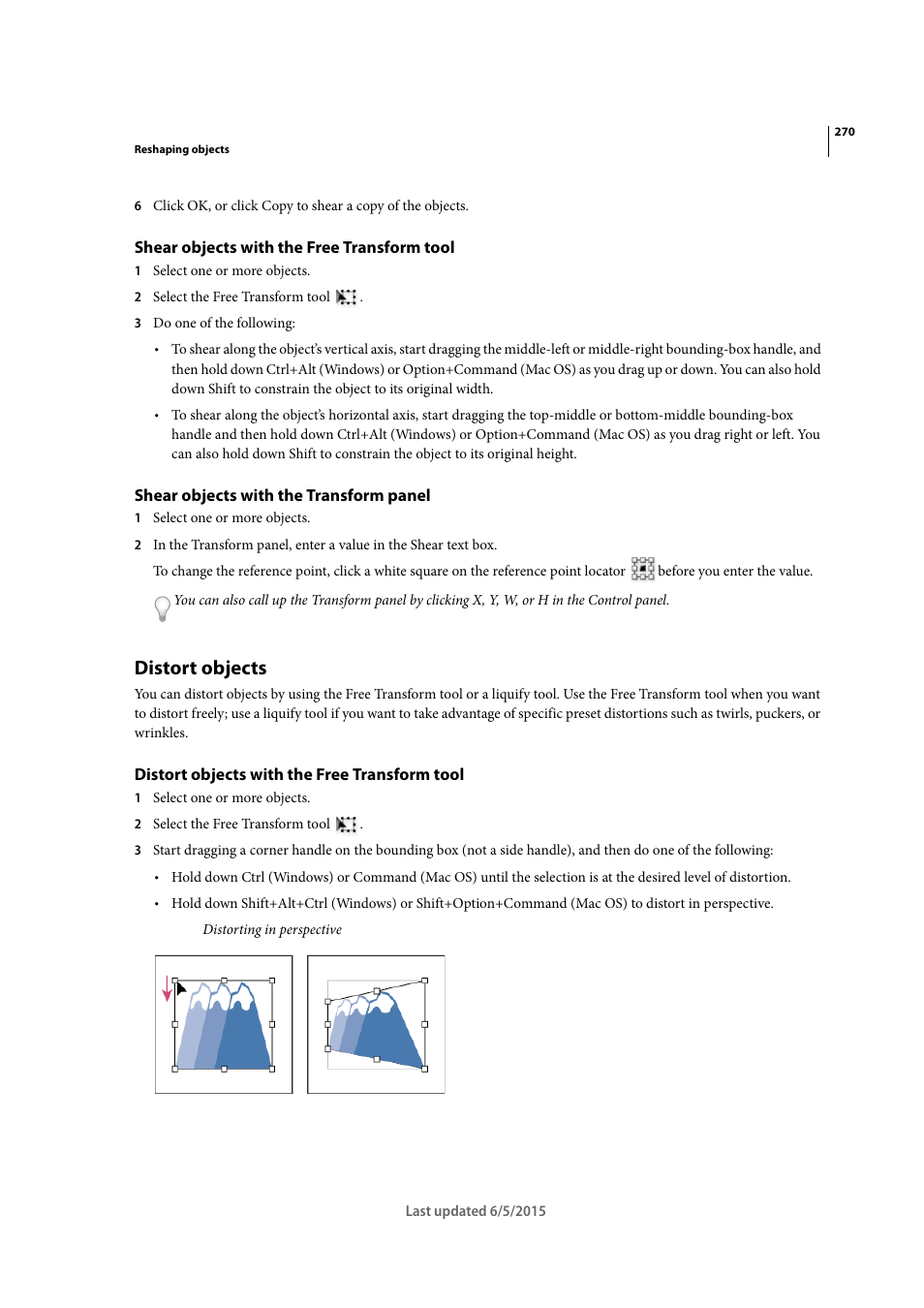Shear objects with the free transform tool, Shear objects with the transform panel, Distort objects | Distort objects with the free transform tool | Adobe Illustrator CC 2015 User Manual | Page 275 / 556