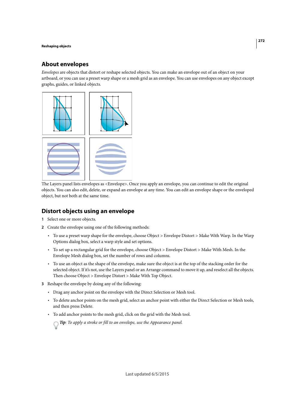 About envelopes, Distort objects using an envelope | Adobe Illustrator CC 2015 User Manual | Page 277 / 556