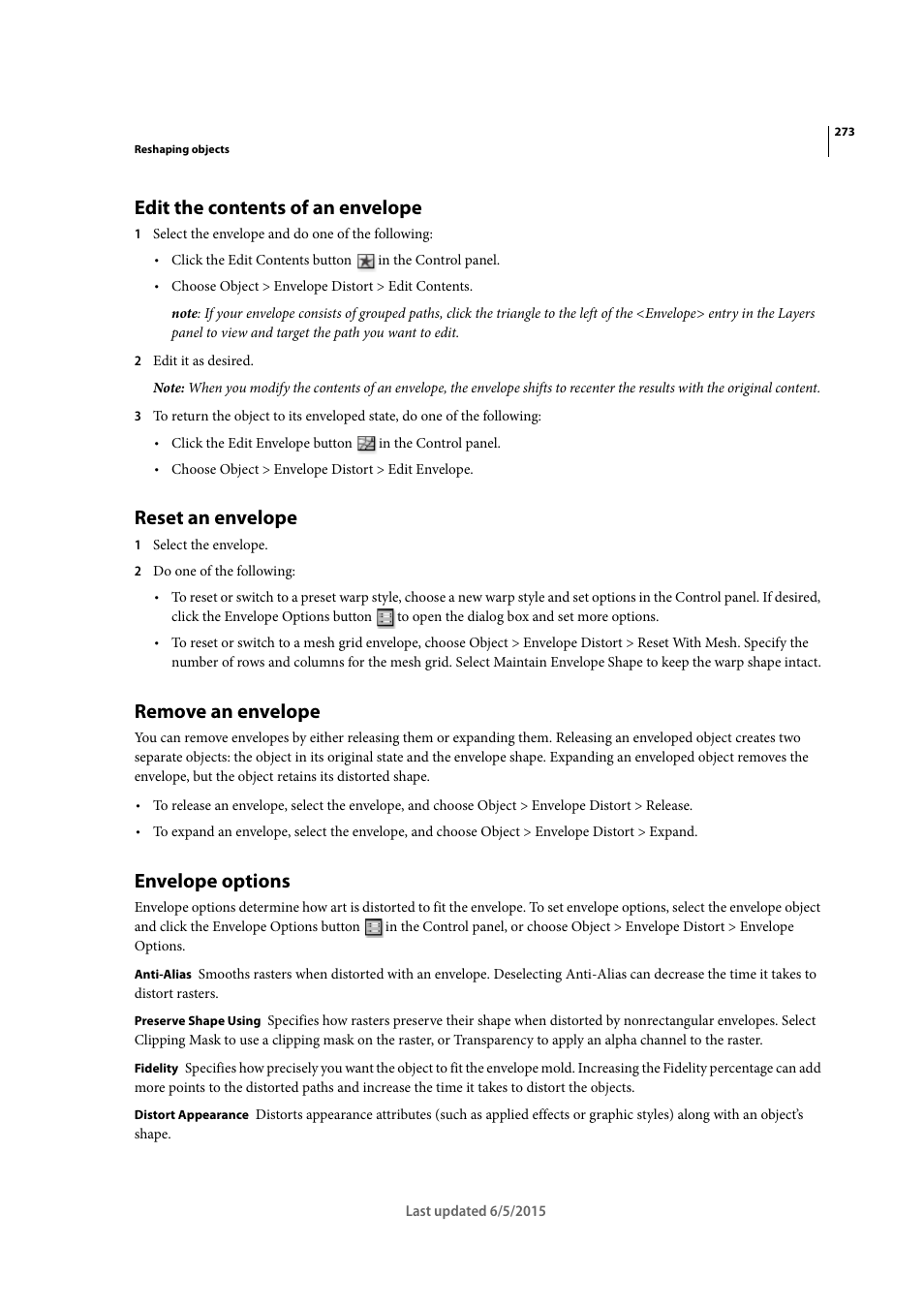 Edit the contents of an envelope, Reset an envelope, Remove an envelope | Envelope options | Adobe Illustrator CC 2015 User Manual | Page 278 / 556