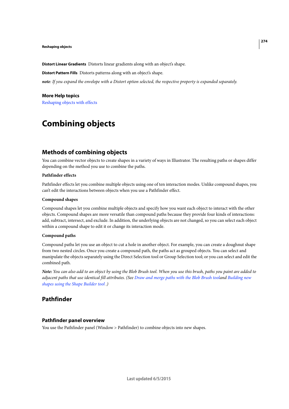 Combining objects, Methods of combining objects, Pathfinder | Pathfinder panel overview | Adobe Illustrator CC 2015 User Manual | Page 279 / 556