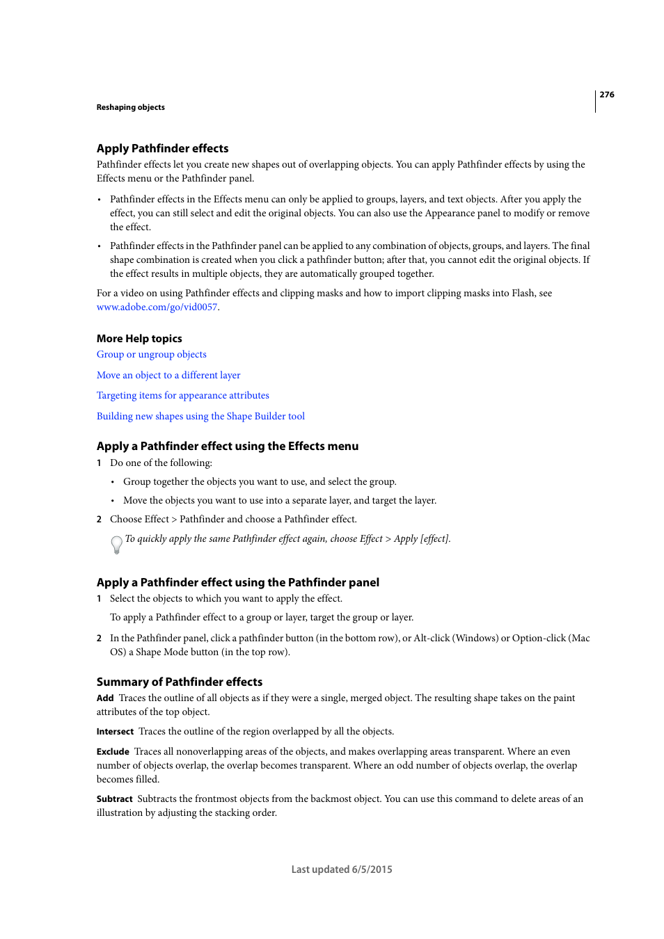 Apply pathfinder effects, Apply a pathfinder effect using the effects menu, Summary of pathfinder effects | Adobe Illustrator CC 2015 User Manual | Page 281 / 556