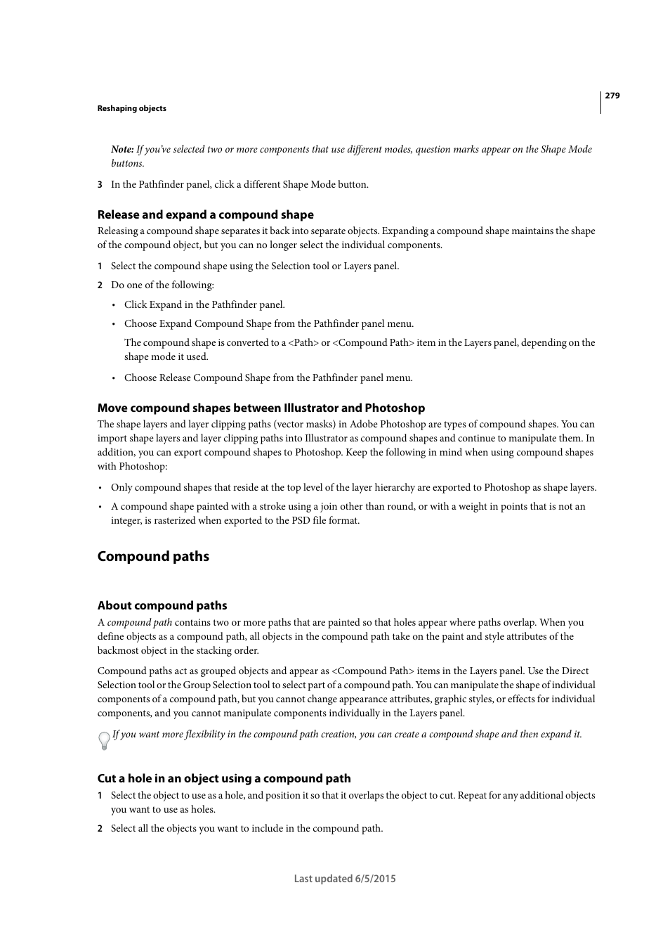 Release and expand a compound shape, Compound paths, About compound paths | Cut a hole in an object using a compound path | Adobe Illustrator CC 2015 User Manual | Page 284 / 556