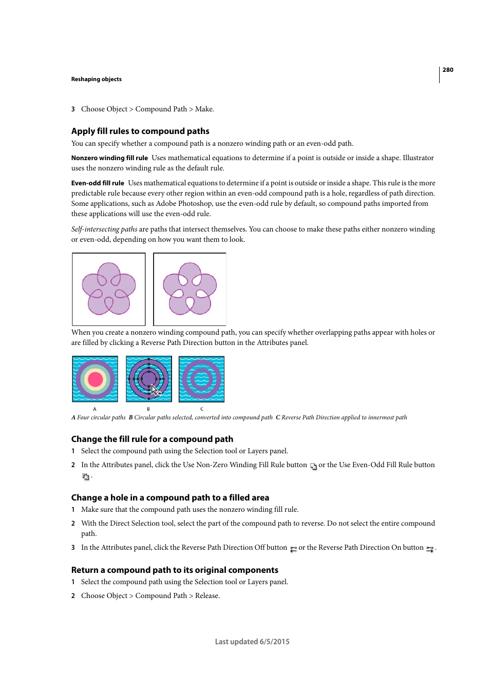 Apply fill rules to compound paths, Change the fill rule for a compound path, Change a hole in a compound path to a filled area | Return a compound path to its original components | Adobe Illustrator CC 2015 User Manual | Page 285 / 556