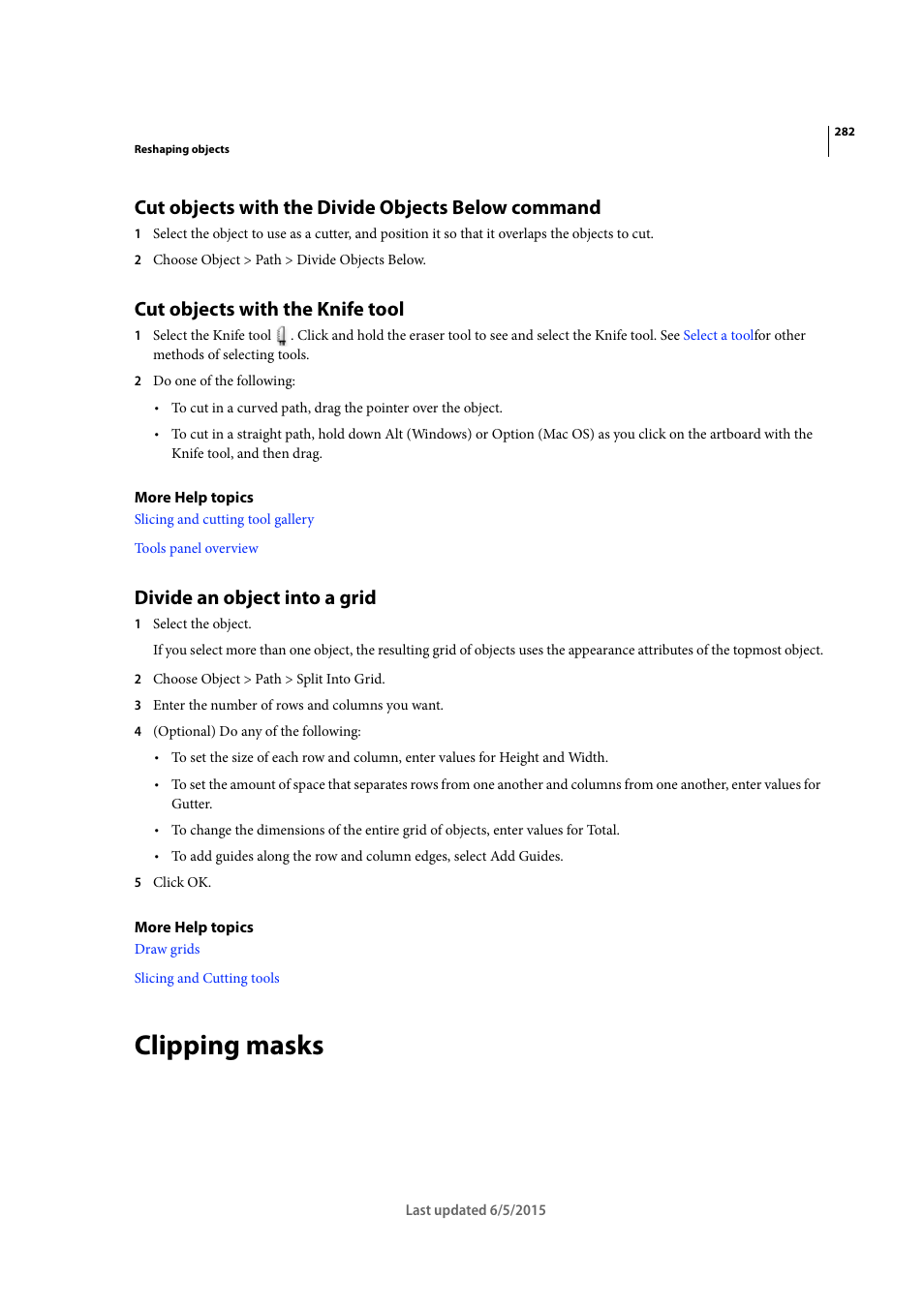 Cut objects with the divide objects below command, Cut objects with the knife tool, Divide an object into a grid | Clipping masks, Cut objects with the, Knife tool, Cut objects, With the knife tool | Adobe Illustrator CC 2015 User Manual | Page 287 / 556