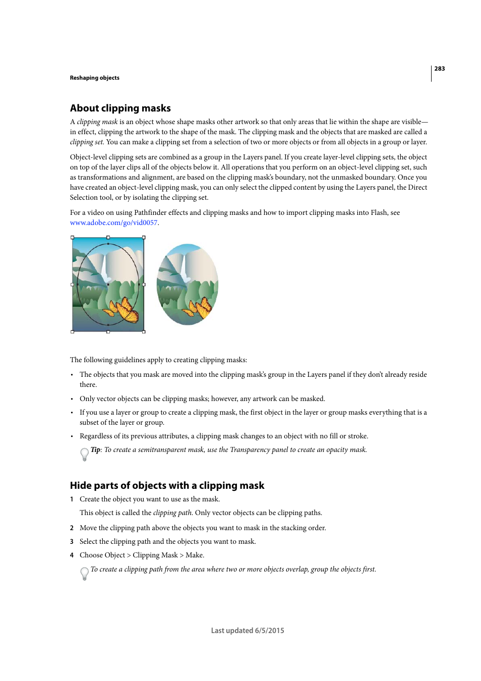 About clipping masks, Hide parts of objects with a clipping mask | Adobe Illustrator CC 2015 User Manual | Page 288 / 556