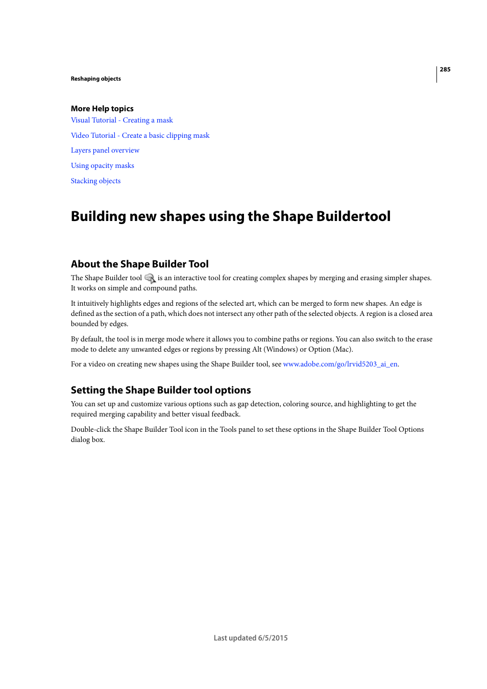 Building new shapes using the shape buildertool, About the shape builder tool, Setting the shape builder tool options | Adobe Illustrator CC 2015 User Manual | Page 290 / 556