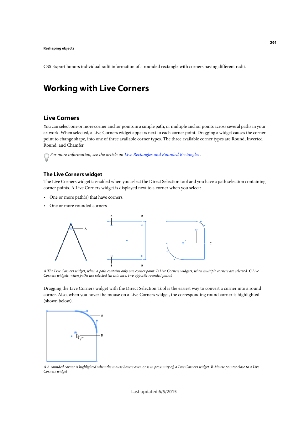 Working with live corners, Live corners, The live corners widget | Adobe Illustrator CC 2015 User Manual | Page 296 / 556