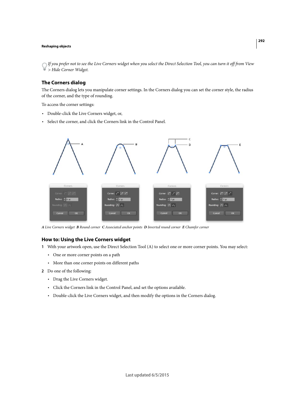 The corners dialog, How to: using the live corners widget | Adobe Illustrator CC 2015 User Manual | Page 297 / 556