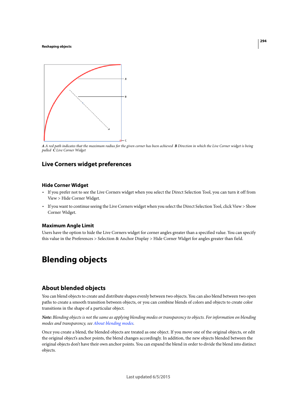 Live corners widget preferences, Hide corner widget, Maximum angle limit | Blending objects, About blended objects | Adobe Illustrator CC 2015 User Manual | Page 299 / 556