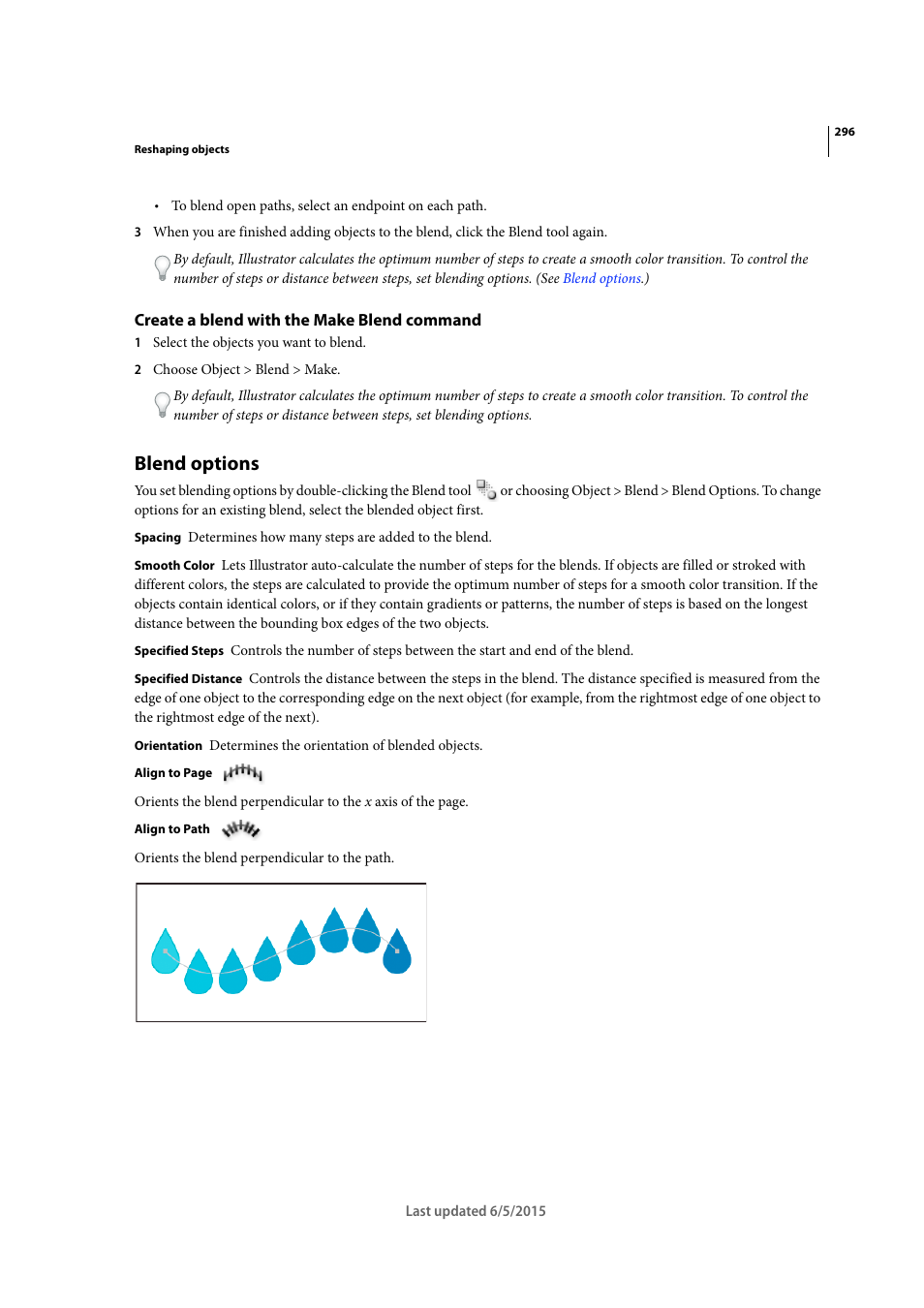 Create a blend with the make blend command, Blend options | Adobe Illustrator CC 2015 User Manual | Page 301 / 556