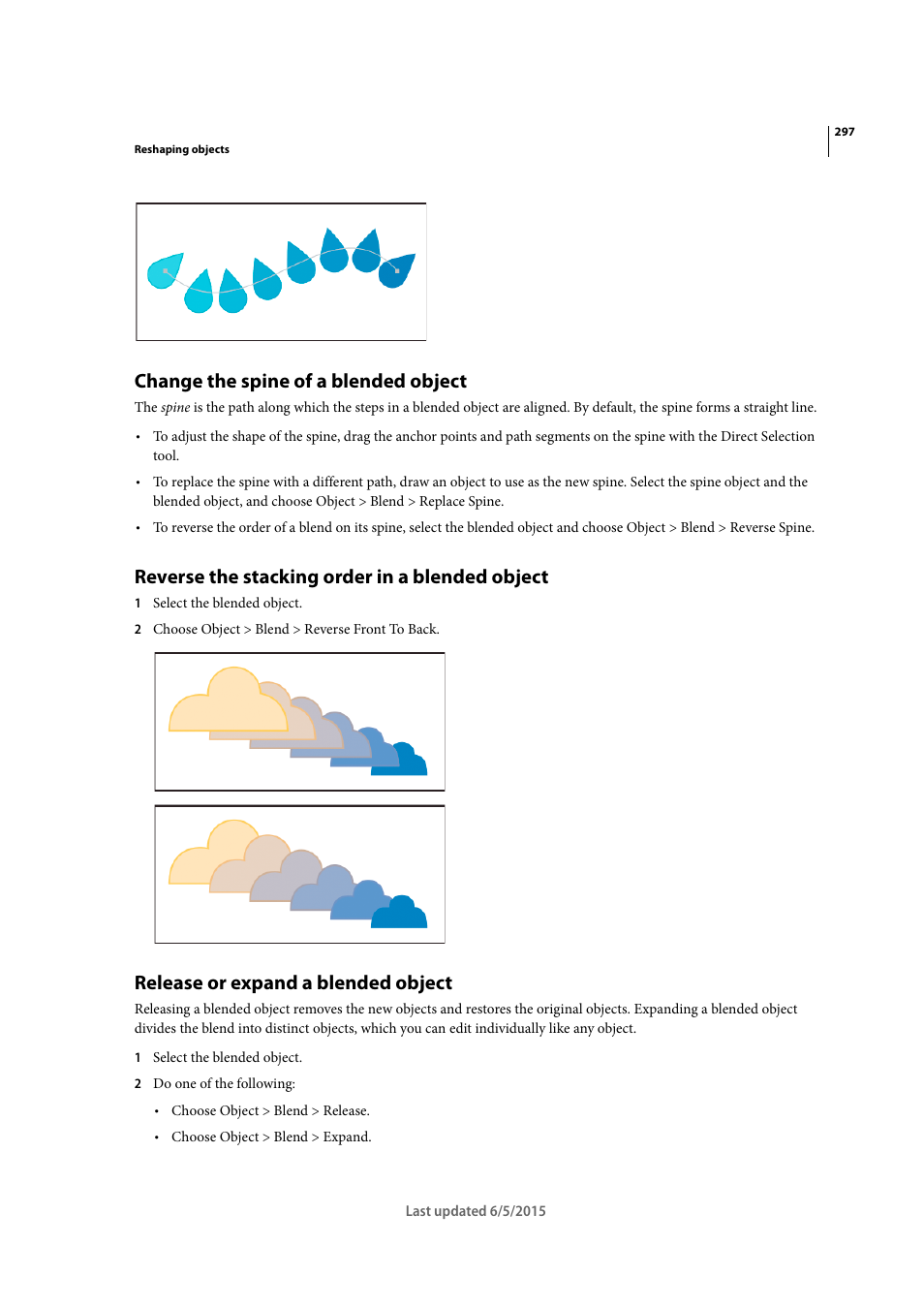 Change the spine of a blended object, Reverse the stacking order in a blended object, Release or expand a blended object | Adobe Illustrator CC 2015 User Manual | Page 302 / 556